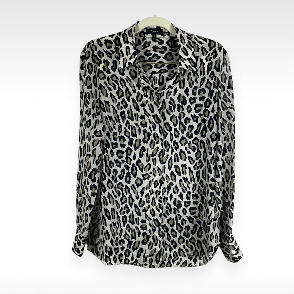 Theory Silk Blend Leopard Print, Button Down Blouse | Size Small |NWOT - Picture 2 of 8